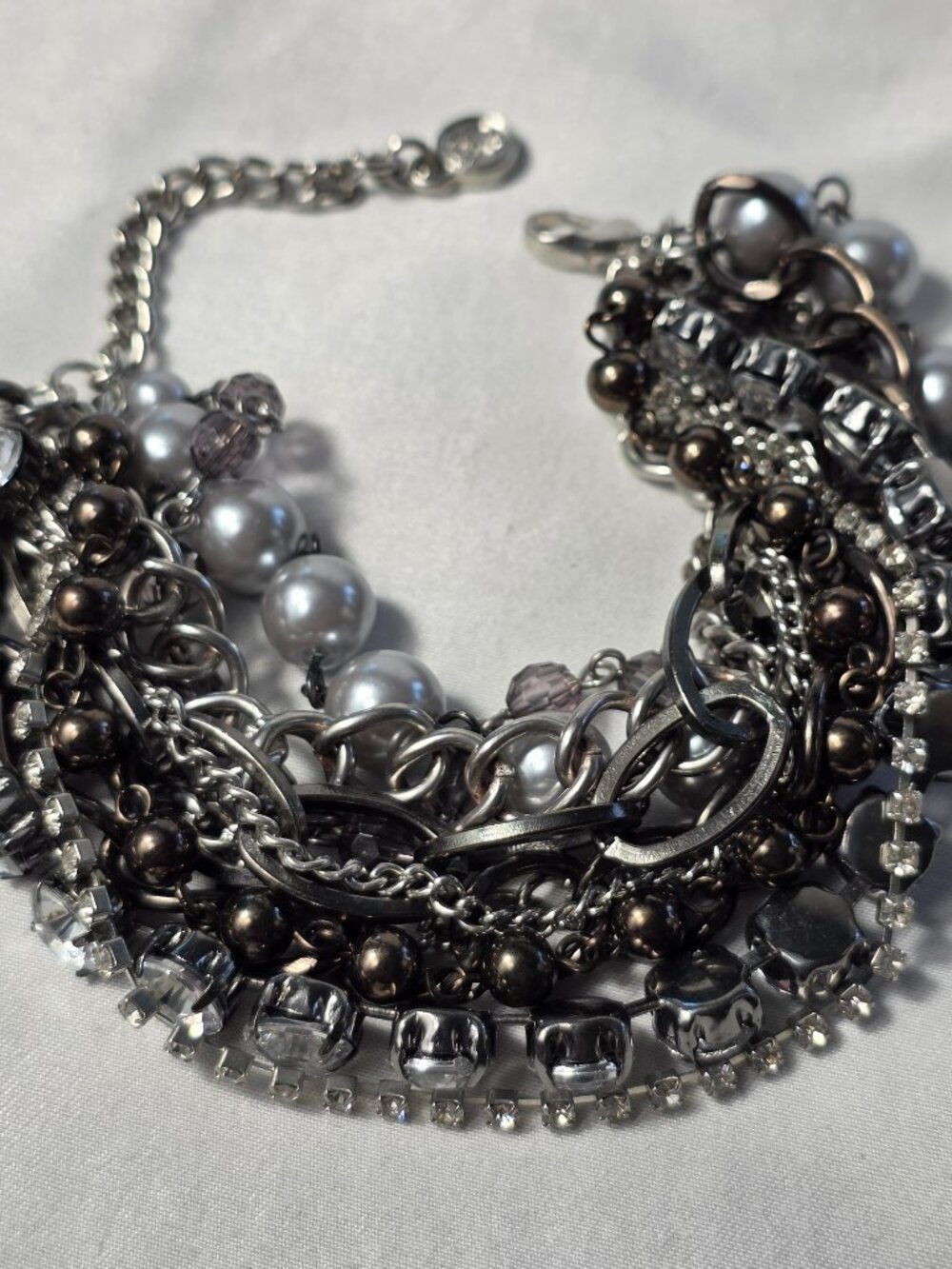 Simply Vera Wang Multi-Strand Bracelet Gray Tone Chain Faux Pearls & Rhinestones